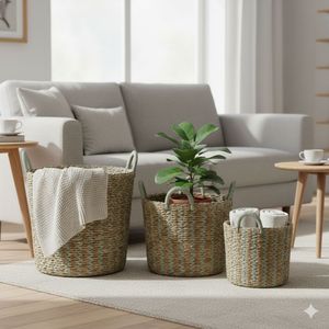 Ensemble de 3 paniers artisanaux en écorce de bananier VERT - Product Image 4