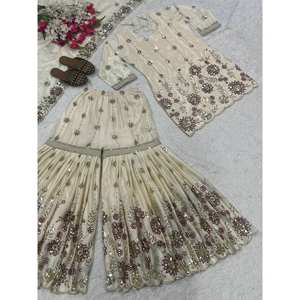 เสื้อผ้าดีไซเนอร์อินเดียและปากีสถาน ชุดออกงานหรูหรา พร้อมกางเกงชารารา ปาลาซโซ และผ้าคลุมไหล่ - Product Image 1