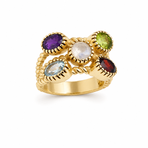 Multi Gemstone Cluster <b>Ring</b> Amethyst Moonstone Peridot Blue Topaz-Modern Brass Unisex <b>Statement</b> <b>Ring</b> Gift for Her - Product Image 1