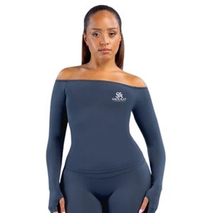 Women Dark Slate Blue <b>Off</b> <b>Shoulder</b> <b>Long</b> <b>Sleeve</b> Fitted <b>Top</b> Casual Slim Fit Fashion Activewear Daily Wear Wholesale Apparel - Product Image 1