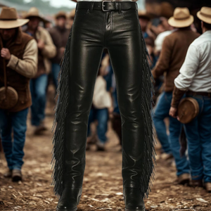 FAZMAX CORPORATION Pantalon Western Homme Style Vintage Taille Haute Coupe Droite avec Poches et Braguette Boutonnée 100% Cuir de Vachette - Product Image 3