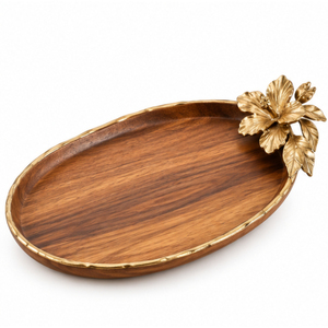 Plateau de service rond en bois de qualité supérieure avec poignées dorées en forme de fleur, plateau décoratif artisanal en bois de manguier pour la vaisselle d'hôtel - Product Image 3