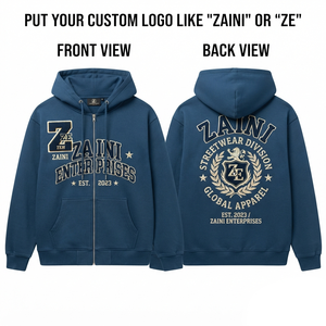 Mens 420 GSM Cotton Polyester Fleece Heavyweight Full <b>Zip</b> Front Hoodie Blue Custom Chenille Embroidery Winter Streetwear - Product Image 1