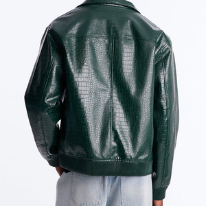 Blouson Bomber Homme en Cuir PU Vert Col Montant Fermeture Éclair Style Moto Décontracté Veste en Cuir Végétalien - Product Image 2