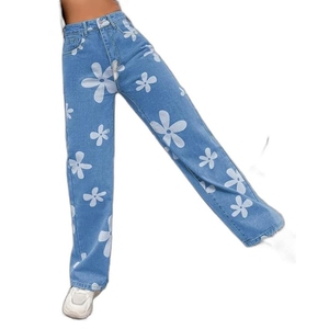 Women's Wide Leg Jeans <b>Flower</b> Print Stretchy Denim Jeans - Product Image 3