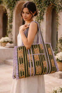 <b>Boho</b> Floral Print Quilted Tote <b>Bag</b> with Ruffle Trim Open Closure Eco-friendly Cotton Fabric Organic Cotton Lining - Product Image 2