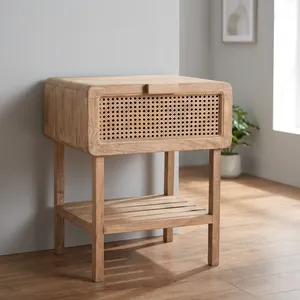 Solid Wood Rattan Cane Handwoven One Drawer Bedside <b>Table</b> Square Nightstand Bedroom <b>Storage</b> <b>Side</b> <b>Table</b> Farmhouse Home Furniture - Product Image 5