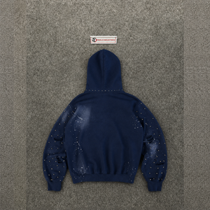 Sudadera con capucha vintage azul marino desgastada con cremallera, estilo urbano oversize, de tejido grueso, con efecto descolorido, estilo grunge, rasgada, con salpicaduras de pintura, unisex, French Terry - Product Image 6