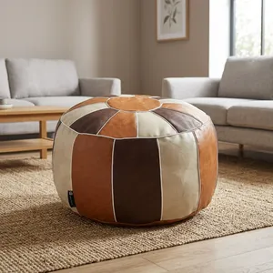 Pouf ottoman rond en cuir patchwork de qualité supérieure, multicolore, fait main, repose-pieds, siège au sol pour salon, chambre, décoration intérieure - Product Image 5
