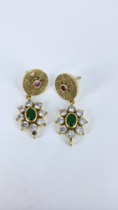 Jaipur Heritage Gold Plated Dangle Drop <b>Earrings</b> Natural CZ Stone CZ <b>Crystal</b> Flower <b>Earrings</b> Pair Women Gift - Product Image 2