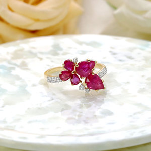 Bague asymétrique en or jaune massif 14 carats avec rubis et diamants, motif floral, bijoux fins, vente en gros, bague en pierres précieuses pour femme, cadeau - Product Image 2