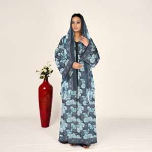 Abaya de Chifón con Motivo Botánico, Pañuelo para la Cabeza Drapeado, Manga Fluida Abierta por Delante, Ropa Islámica Modesta para Mujer, Estilo Árabe, Eid, ODM - Product Image 2
