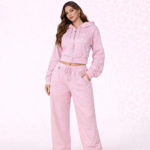 Sudadera con capucha rosa personalizada al por mayor con pedrería en toda la prenda, transpirable, con cremallera, oversize, brillante, fabricante OEM - Product Image 2