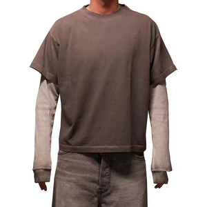 T-shirt en tricot surdimensionné pour homme, manches longues, bordure contrastée, col rond, décontracté, couleur unie, coton, impression sur le devant, séchage rapide, 200g - Product Image 2