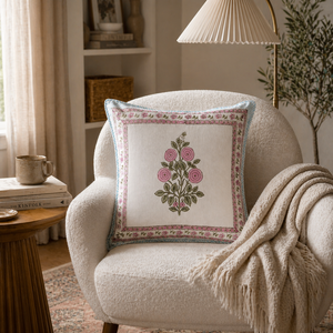Premium Cotton Hand Block Cushion <b>Cover</b> with Pink Floral Motif Decorative <b>Sofa</b> Pillow <b>Cover</b> <b>for</b> Home Decor - Product Image 4