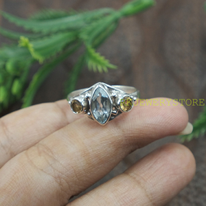 Bague en argent sterling 925 avec topaze bleue naturelle et citrine, bague de créateur faite à la main, plaquée, bijoux pour femmes, cadeau pour petite amie - Product Image 6