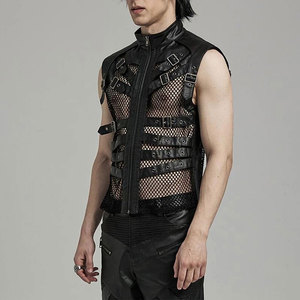Men's Buckle Vest <b>Gothic</b> Sleeveless Mesh Leather Loop Hollow Vest Top High Sell - Product Image 2