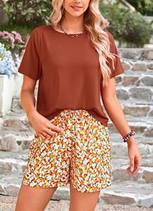 Conjuntos de mujer a la moda para verano, camisetas de manga corta con cuello en U y conjuntos cortos 100% algodón, conjunto de 2 piezas extragrande para mujer - Product Image 5