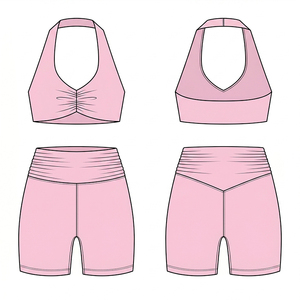 Pink Halter Neck Quarter-Zip Yoga Set High Waist Shorts Crop <b>Top</b> Spandex <b>Zipper</b> Closure Quick Dry Seamless 2-Piece - Product Image 5