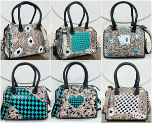 Sac de Poker Ace Speedy en cuir véritable usiné à la main sac polochon en cuir de vachette gravé floral occidental sac à bandoulière Vintage Turquoise - Product Image 5