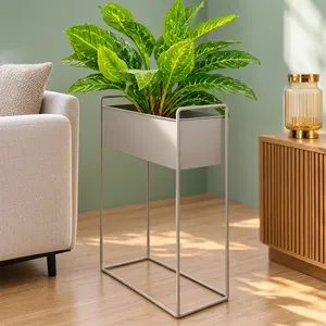 Luxury Grey Metal Rectangular Planter Set with Tall Geometric Stand Modern Elevated Flower Boxes for Contemporary Home Garden - Product Image 4