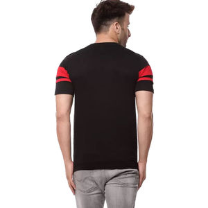 Camiseta de Manga Corta para Hombre, Cuello Redondo, Tejida, con Rayas Negras y Rojas, Corte Ajustado, Estilo Casual - Product Image 3