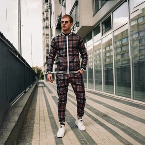 Athletic Style Men's Check Print Sublimated Bomber <b>Jacket</b> Track Suit Zip Enclosure Ribbed Hem & Cuffs Stripe Zipper Sweat Suit - Product Image 3