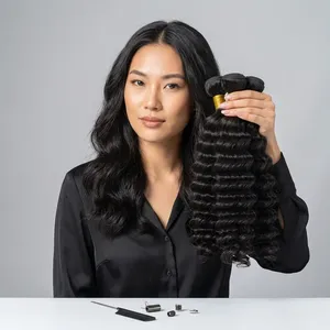 Remy Bulk Natural <b>Black</b> Deep Curly Virgin Human <b>Hair</b> Weave Bundles <b>Extensions</b> with Silk Base HD Customizable Color - Product Image 5