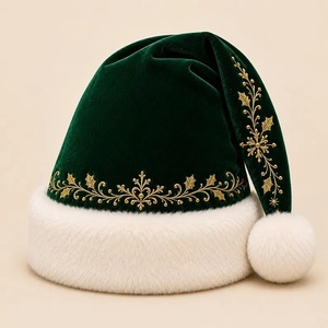 <b>Green</b> Velvet Christmas-themed Floral Santa Hat Gold Embroidery Digital Printing White Faux <b>Fur</b> Trim Unisex Party Winter Adult - Product Image 1