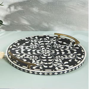 Ensemble de plateaux rectangulaires noirs incrustés de os, au design géométrique marocain, disponibles au prix de gros - Product Image 3