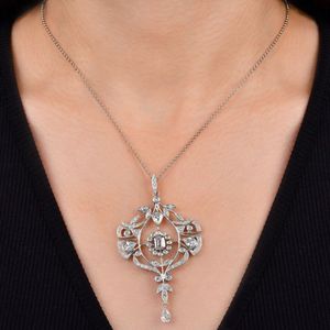 Vintage Platinum Diamond <b>Pendant</b> Necklace <b>Emerald</b> Cut Center Plant Design Rhodium Plated Women Wedding Jewelry - Product Image 2