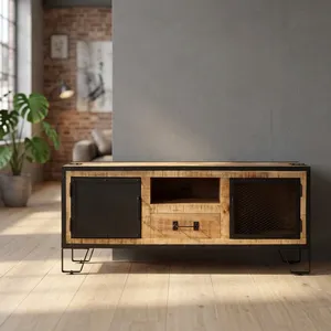 Mueble para TV de Madera Reciclada Industrial con Estructura Metálica Negra, Puertas y Estantes Abiertos, Estilo Rústico - Product Image 5