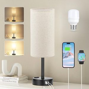Lampada da Comodino Beige Dimmerabile a 3 Livelli con Porte di Ricarica USB-C e Presa AC, Piccola Lampada da Tavolo Touch con Paralume in Tessuto per Camera da Letto e Scrivania - Product Image 1
