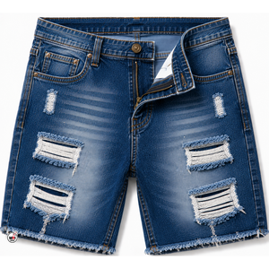 <b>High</b> Quality Mens Ripped Denim Shorts Quick Dry Casual Style 100% Cotton Breathable Woven Fabric Bermuda Mid Waist Button Fly - Product Image 2