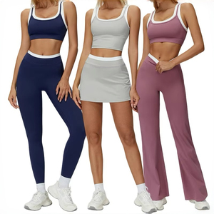 Conjunto de Yoga de 2 Piezas Transpirable con Bloques de Color y Efecto Segunda Piel, Acanalado, de Cintura Alta, Versátil para Fitness y Uso Casual al Aire Libre - Product Image 1