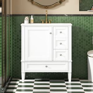 Mobile Bagno Moderno da 30 Pollici con 3 Cassetti, Lavabo in Ceramica Grigia, Struttura in Legno Massello e Armadietto Contenitore per Bagni Moderni - Product Image 4