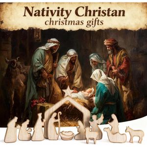 Set di 13 Pezzi in Legno Minimalista Boho per Presepe Natalizio, Mini Statuine della Sacra Famiglia per Esposizione su Tavolo - Product Image 1
