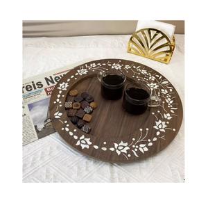 Bandeja árabe de madera hecha a mano con incrustaciones de nácar, plato tradicional para servir, ideal para hostelería de lujo y decoración del hogar. - Product Image 1
