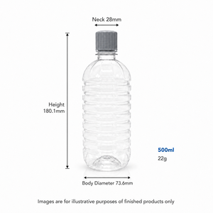 Bouteille de solution saline transparente en PET de 500 ml, col à vis de 28 mm, conteneur en plastique côtelé de 22 g, CM500, usine du Vietnam - Product Image 2