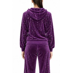 <b>Womens</b> <b>Velvet</b> Tracksuit Rhinestone Detail Zip Hooded Jacket Wide Leg <b>Trousers</b> Plush Casual Lounge Wear Wholesale Custom Supplier - Product Image 5