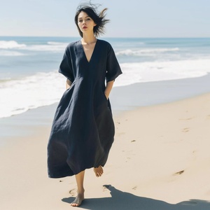 Robe mi-longue trapèze à col en V 100 % coton, manches cloche, taille haute, avec nœud décoratif, poches latérales, tissu respirant, style vintage, faite à la main - Product Image 1
