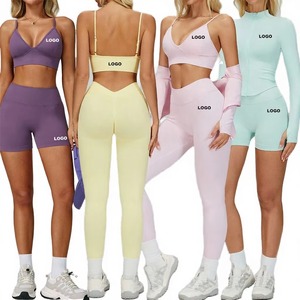 Conjunto de Yoga de 4 Piezas para Mujer, Color Sólido, Leggings de Cintura Alta, Shorts, Top Corto con Tirantes Finos y Cuello en V, Transpirable, Sin Costuras, de Secado Rápido - Product Image 3