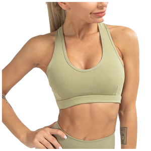 Soutien-gorge de sport côtelé à col ras du cou et dos nageur pour femme, maintien moyen, respirant, couleur unie, dernière conception, pour le yoga et le fitness - Product Image 1