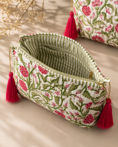 Quilted Cotton Zipper Cosmetic Bag Floral Block Print Bohemian Eco-Friendly <b>Makeup</b> Pouch Travel Organizer for <b>Case</b> Tassel - Product Image 4