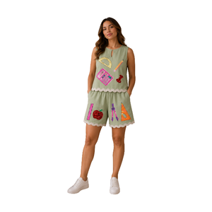 Conjunto Casual de Dos Piezas sin Mangas para Mujer con Diseño de Parches Temáticos de Regreso a Clases con Lentejuelas, Ajuste Holgado Casual de Primavera/Verano - Product Image 1
