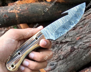 Cuchillo de Camping de Acero de Damasco de 8 Pulgadas con Hoja Fija Tipo Drop Point y Gancho para Pescar, Mango de Cuerno de Ciervo, Venta al por Mayor, Soporte OEM/ODM, MOQs Bajos - Product Image 3