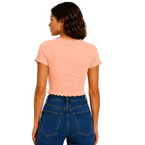 Custom <b>Peach</b> Ribbed Crop <b>Top</b> Women Short Sleeve Lettuce Trim Crew Neck Cotton Spandex Slim Fit Casual Summer T Shirt Custom OEM - Product Image 2