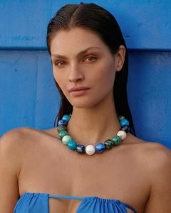 Collier pour femmes, collier bohème avec grosse perle, perles en résine bleu et marron, bijoux d'été pour la plage, cadeaux - Product Image 3