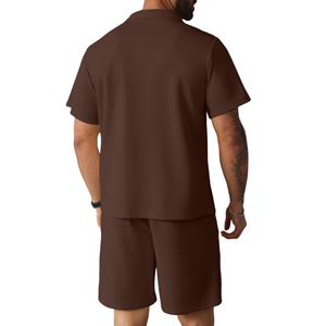 Men's Brown Polo Shirt & Shorts <b>Set</b> Solid Color Casual Summer Wear Breathable <b>Knitted</b> Cotton Outfit Tracksuits For Men's - Product Image 3