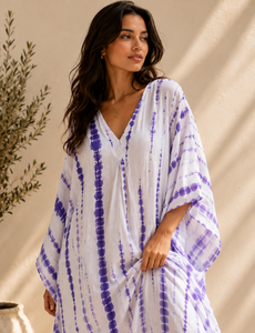 Women Modern Fit Tie Dye Cotton <b>Kaftan</b> Dress All Seasons <b>Beach</b> Cover V-Neck Maxi Robe Casual Sleepwear Bohemian Natural Waist - Product Image 3